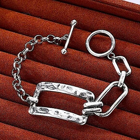 Stainless Steel Rectangular Bracelet Boho Hammered Chain Link - Picture 5 of 11